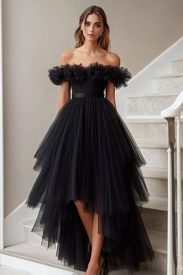 Black Tulle A Line Off the Shoulder High-Low Formal Dress with Ruffles